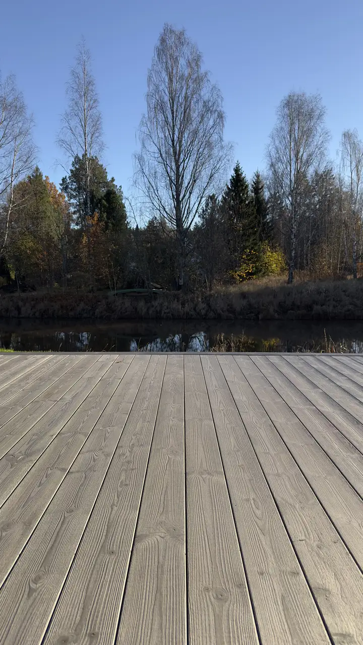 Matalalta kuvattu harmaa terassi, jonka laudat johtavat kohti koivuja ja kuusia.