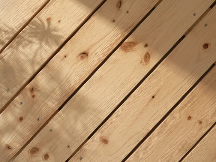 Puuöljykäsitelty vaalea terassilauta, jonka pinnalla kasvin varjo.